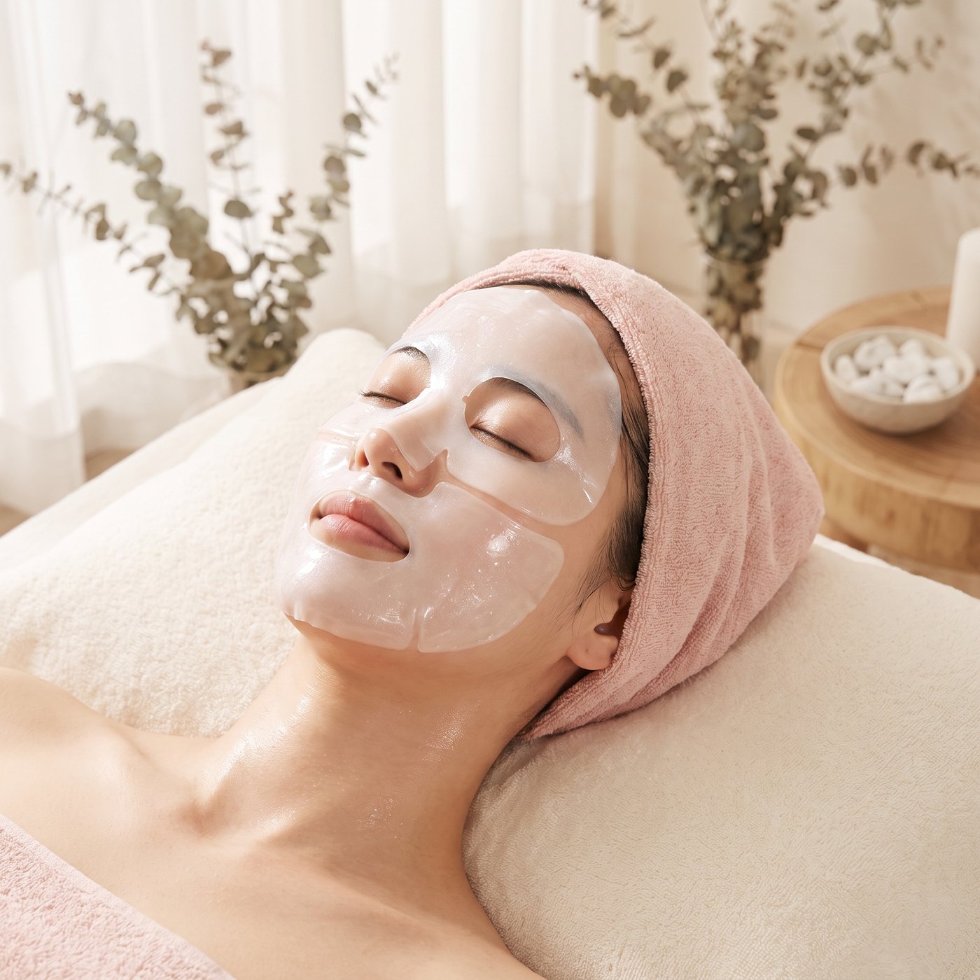 Modelo relajada usando la mascarilla de hidrogel Biodance