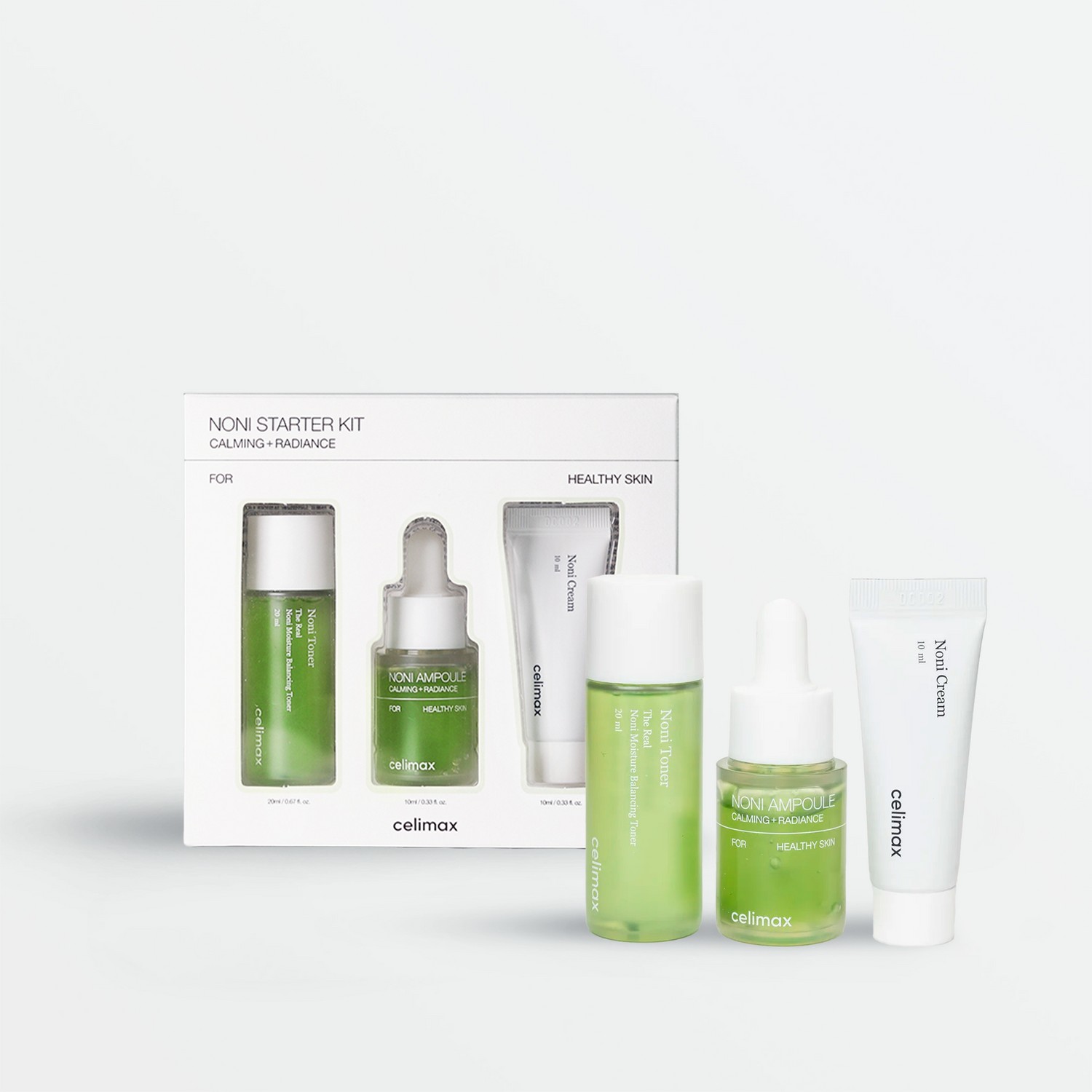 Los 3 minis del Noni Starter Kit junto a su caja