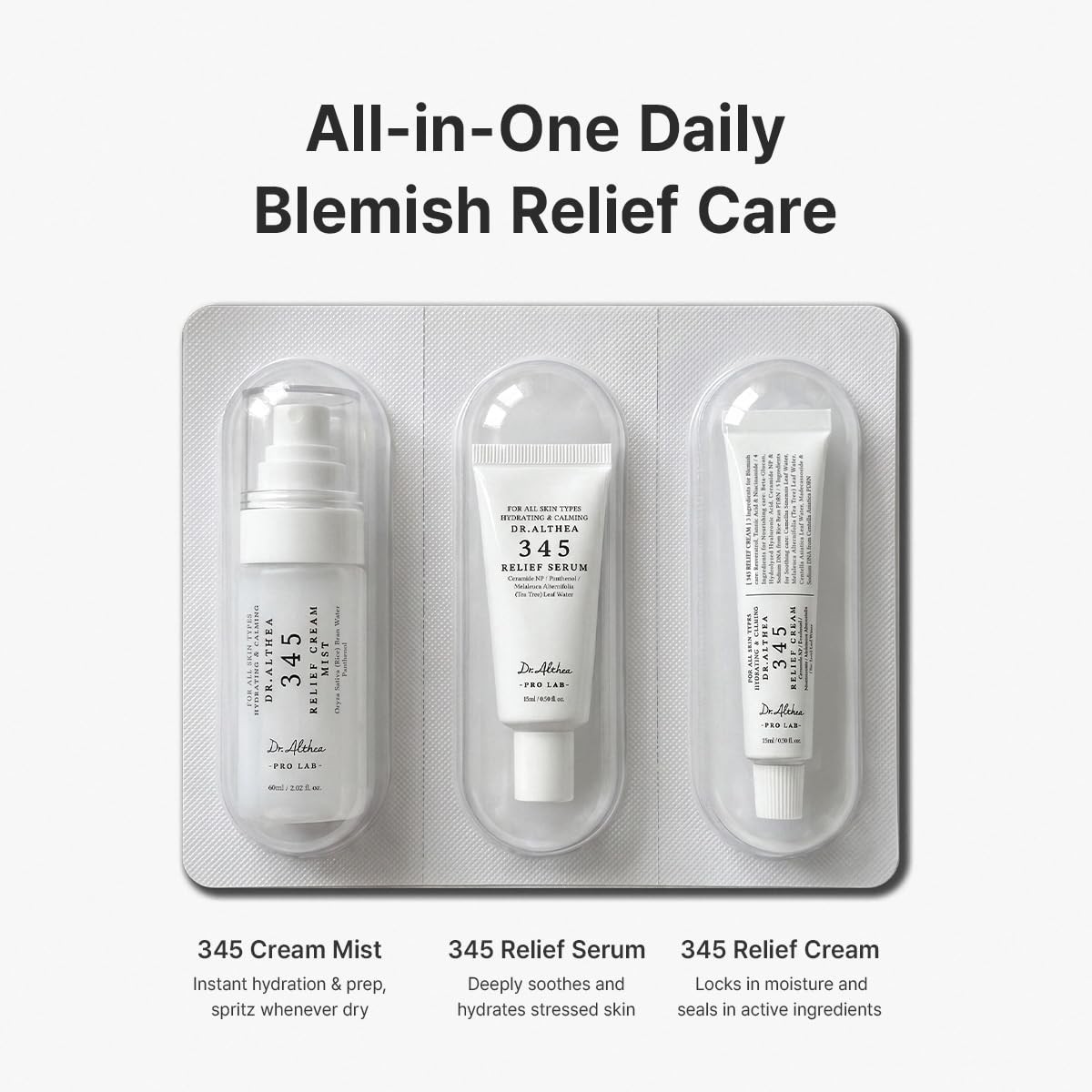 Los 3 minis del 345 Travel Kit en su bandeja: Cream Mist, Relief Serum y Relief Cream