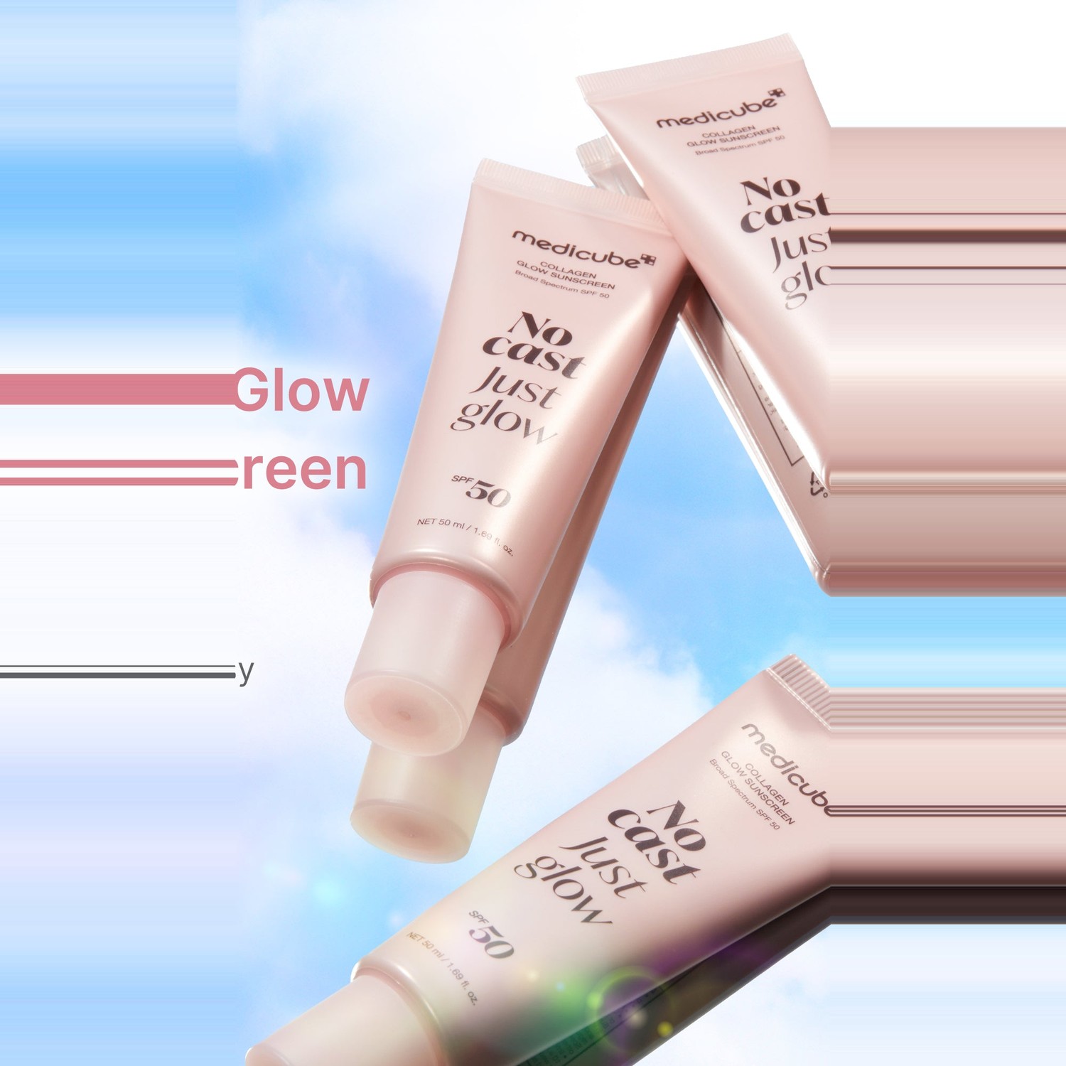 Tubos Medicube Collagen Glow Sunscreen sobre cielo azul