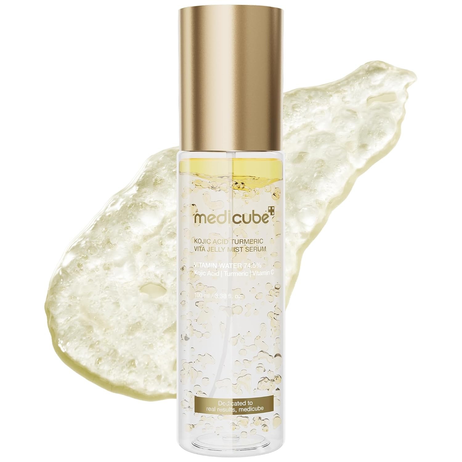 Packshot oficial del Medicube Jelly Mist con textura de gel dorado