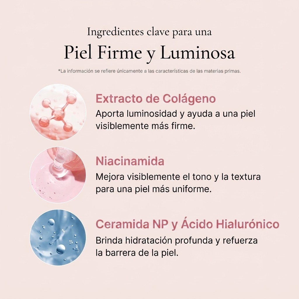 Ingredientes clave: colageno, niacinamida, ceramida NP y acido hialuronico
