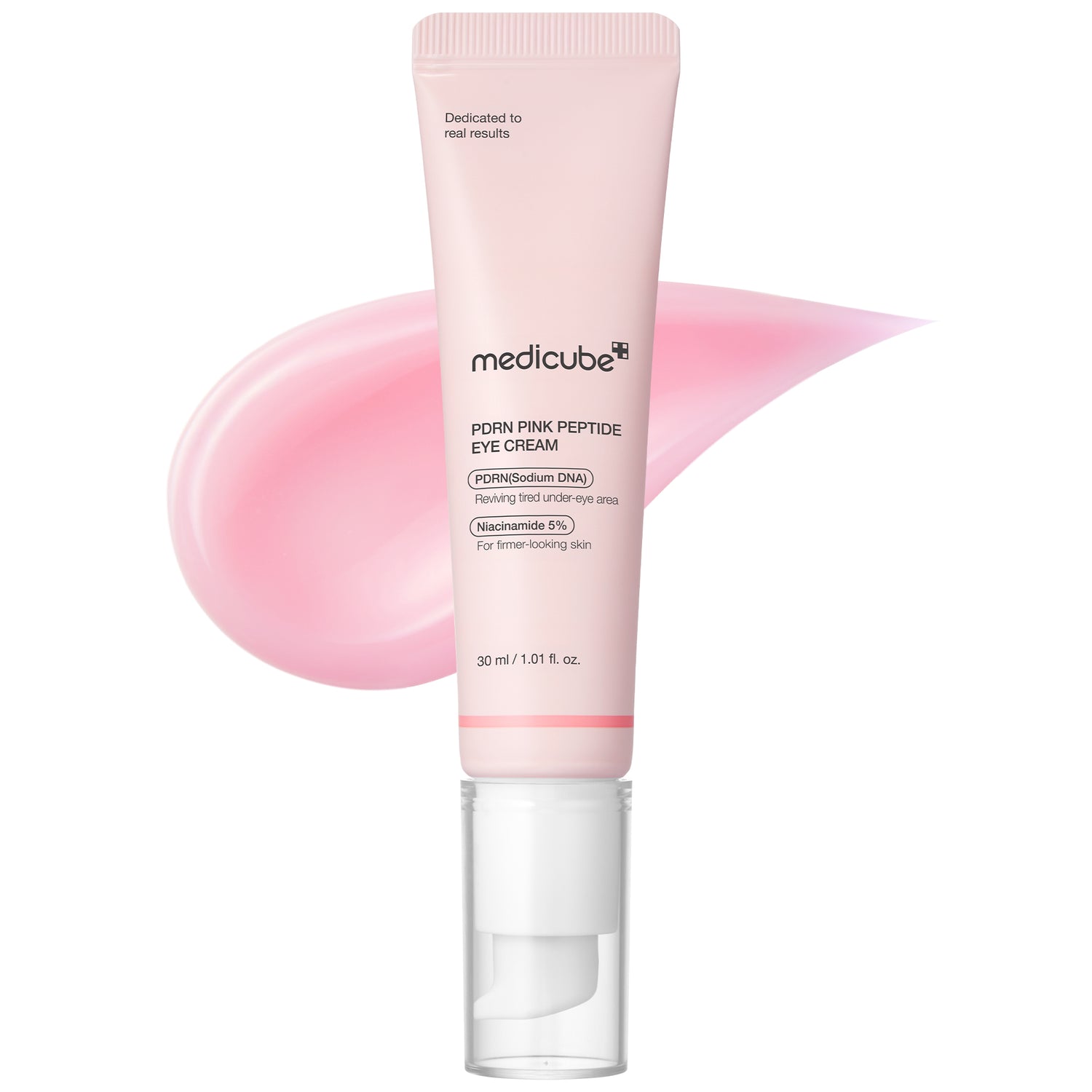 Medicube PDRN Pink Peptide Eye Cream 30ml tubo rosa con textura