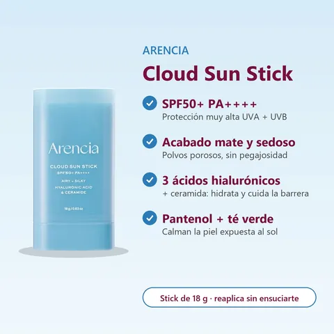 Arencia Cloud Sun Stick: SPF50+ PA++++, acabado mate y sedoso, ácido hialurónico, ceramida, pantenol y té verde