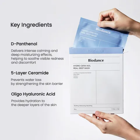 Ingredientes clave de Biodance Hydro Cera-nol: pantenol, 5 ceramidas y ácido hialurónico