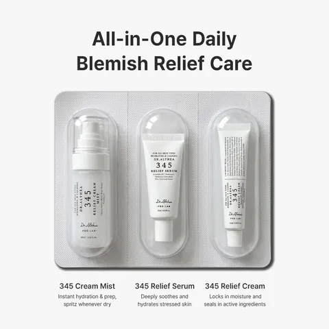 Los 3 minis del 345 Travel Kit en su bandeja: Cream Mist, Relief Serum y Relief Cream