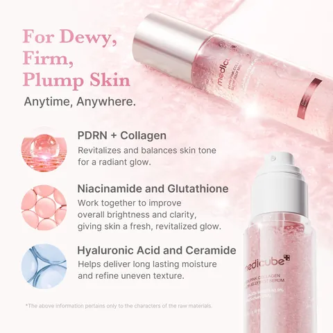 Ingredientes del Medicube PDRN Pink Jelly Mist: PDRN y colágeno, niacinamida y glutatión, ácido hialurónico y ceramida