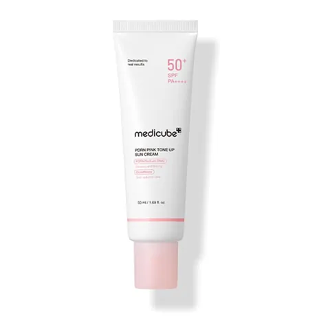 Tubo rosa y blanco de Medicube PDRN Pink Tone Up Sun Cream SPF50+ PA++++ 50ml