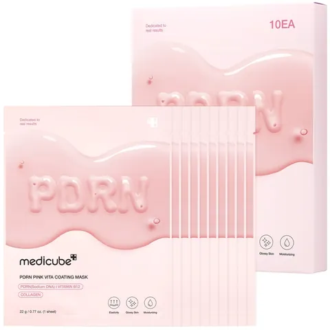 Caja rosa de 10 mascarillas Medicube PDRN Pink Vita Coating Mask